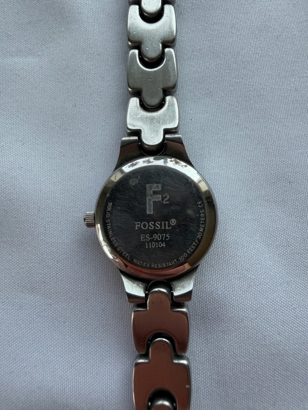 Fossil Silver Tone Stainless Steel Link Bracelet Watch Light Blue Dial Womens